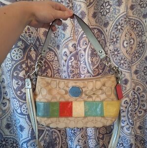 Coach Signature Patchwork Stripe Demi Crossbody Baguette Purse.